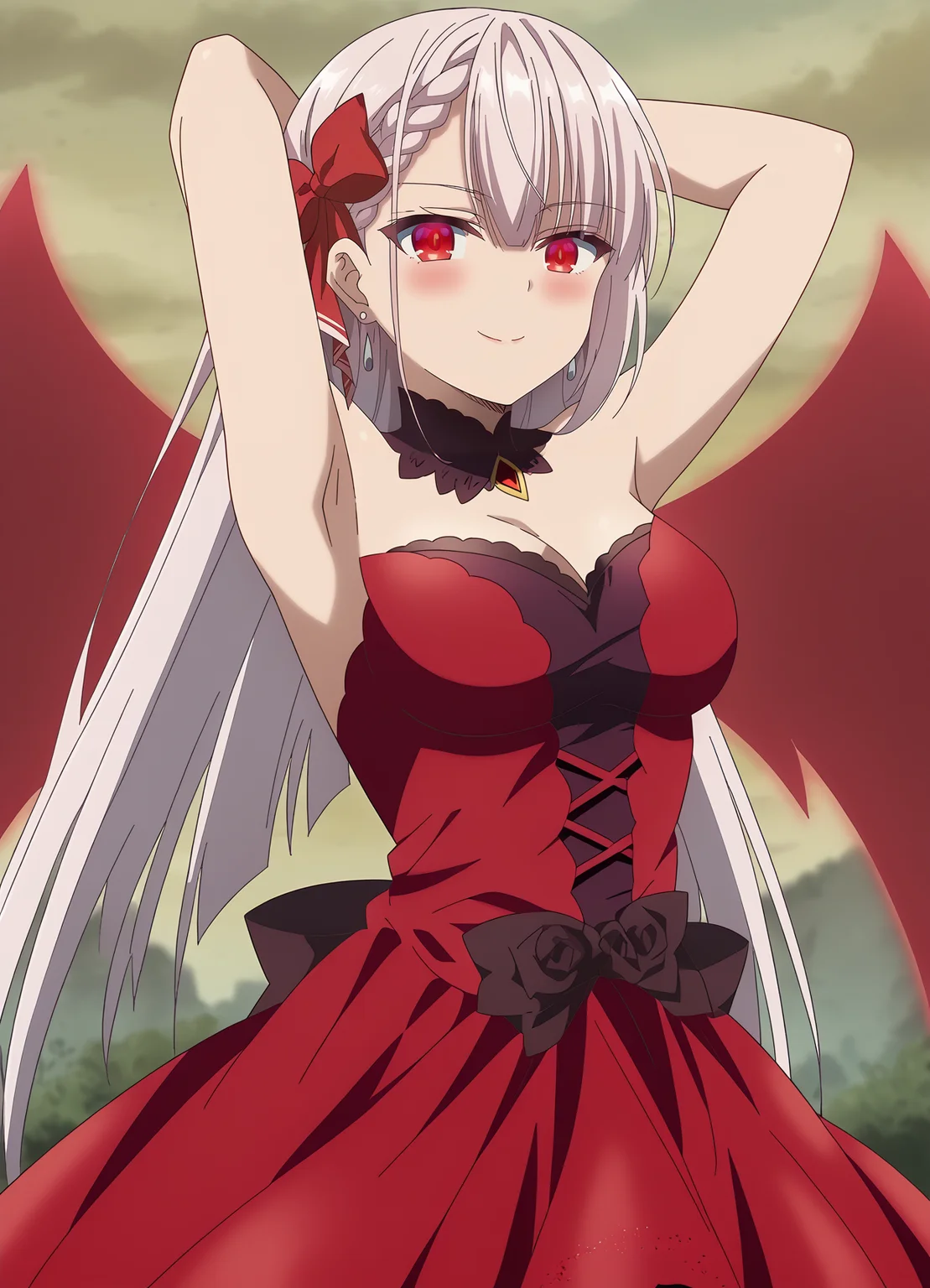 <lora:Riselia_Ray_Crystalia-Seiken_Gakuin_no_Makentsukai:1>,Riselia,1girl,solo,earrings,long hair,red eyes,bow,hair bow,braid,red dress,cowboy shot,,red wings,arms behind head, looking at viewer,blush,naughty face,closed mouth, outdoors