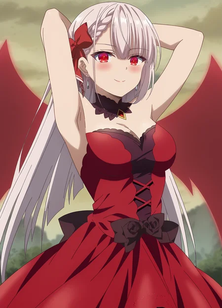 <lora:Riselia_Ray_Crystalia-Seiken_Gakuin_no_Makentsukai:1>,Riselia,1girl,solo,earrings,long hair,red eyes,bow,hair bow,braid,red dress,cowboy shot,,red wings,arms behind head, looking at viewer,blush,naughty face,closed mouth, outdoors