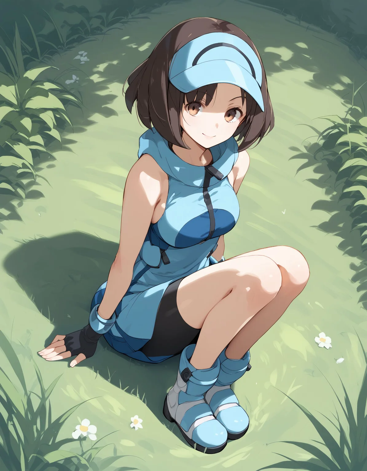 score_9, score_8_up, score_7_up, score_6_up, BREAK source_anime, best quality, masterpiece,
1girl,<lora:AcetrainerSMPonyXL-v1.1:0.8>,acetrainer sm,visor cap,hoodie,fingerless gloves,bike shorts,boots,full body,sitting,on grass,smile,grass,(from above,dutch angle:1.2),