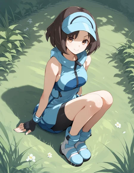 score_9, score_8_up, score_7_up, score_6_up, BREAK source_anime, best quality, masterpiece,
1girl,<lora:AcetrainerSMPonyXL-v1.1:0.8>,acetrainer sm,visor cap,hoodie,fingerless gloves,bike shorts,boots,full body,sitting,on grass,smile,grass,(from above,dutch angle:1.2),