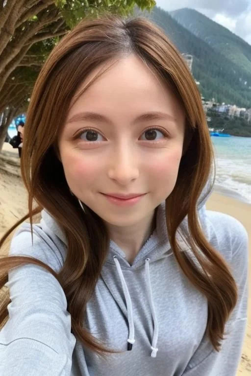Nsfw, Original face, ((Original eyes shape)) , (((Small breasts))) , flat chest small breasts woman,  Seductive position, erotic position, attractive position, best quality, photo realistic portrait , see through  bra, pale skin long curly wavy hair,  Naked beach open hoodie