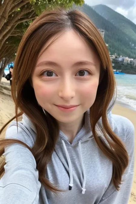 Nsfw, Original face, ((Original eyes shape)) , (((Small breasts))) , flat chest small breasts woman,  Seductive position, erotic position, attractive position, best quality, photo realistic portrait , see through  bra, pale skin long curly wavy hair,  Naked beach open hoodie
