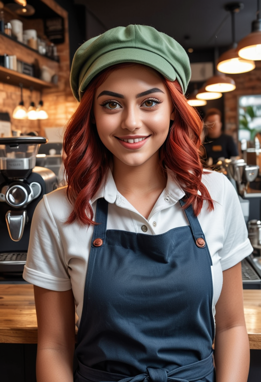 (medium full shot) of (skilled barista) young woman, voluptuous build, medium red retro hair, mexican, tan skin, olive green eyes, wearing a beanie, blue polo shirt, jeans, canvas apron, comfortable flats, glossy lip balm, a name tag a pair of trendy sunglasses, set in  a bustling espresso bar, with lively energy, varied seating options, stylish decor, and a dynamic atmosphere, at morning, woman smiling, ,Masterpiece,best quality, raw photo, realistic, very aesthetic, dark