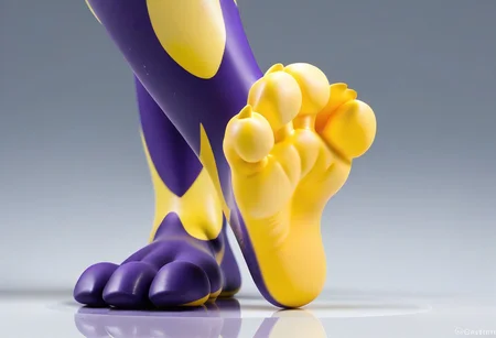 tox_amped, barefoot, purple feet, yellow soles, 3 toes, standing, foot focus, close-up