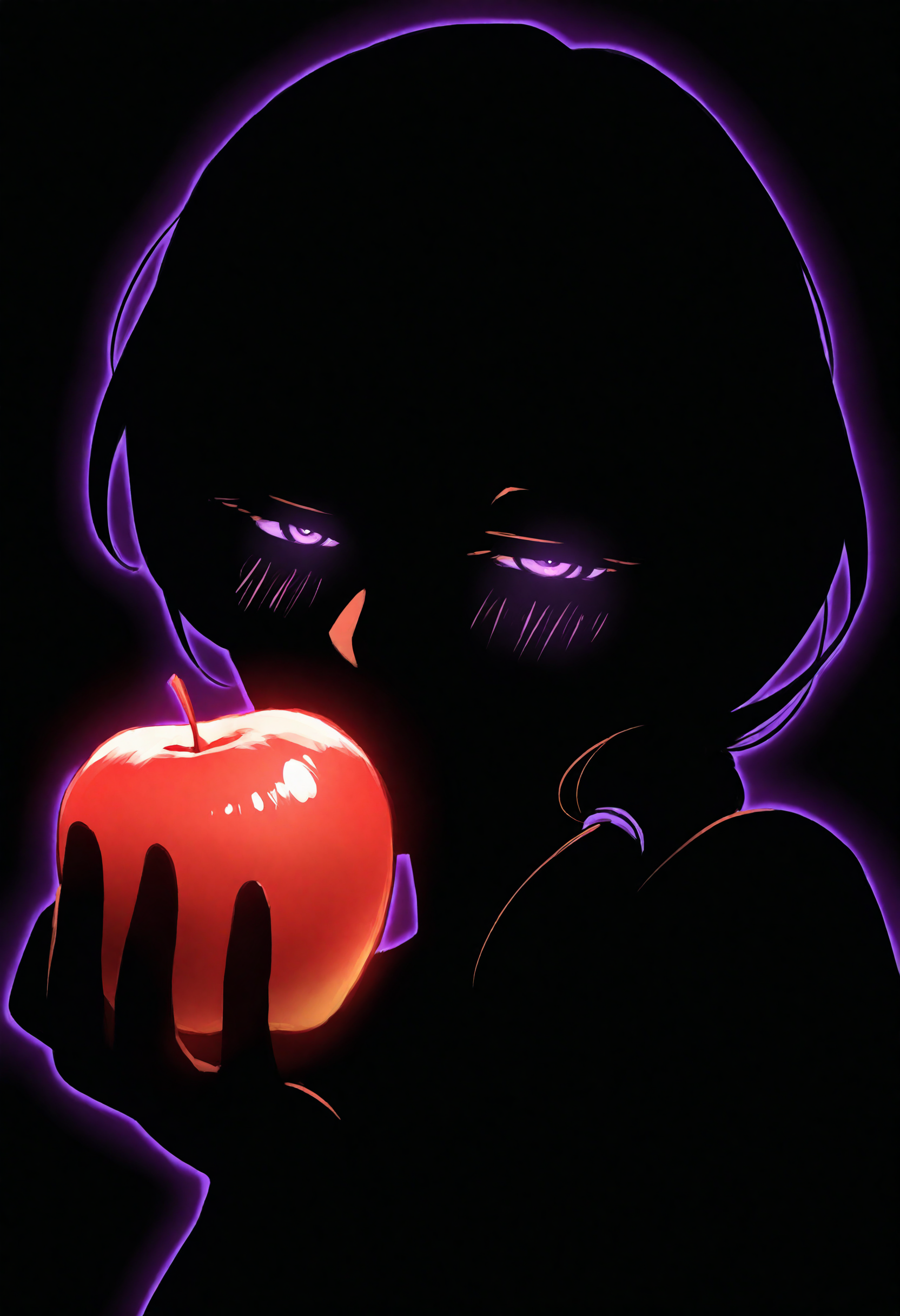 1girl, solo, mature female, looking at viewer, half-closed eyes, purple eyes, blush, monochrome, silhouette, glowing outline, blending, portrait, three-quarter view, holding, red apple, kissing apple, low side ponytail, hair over shoulder, purple outline, black background, upper body, masterpiece, best quality, very aesthetic