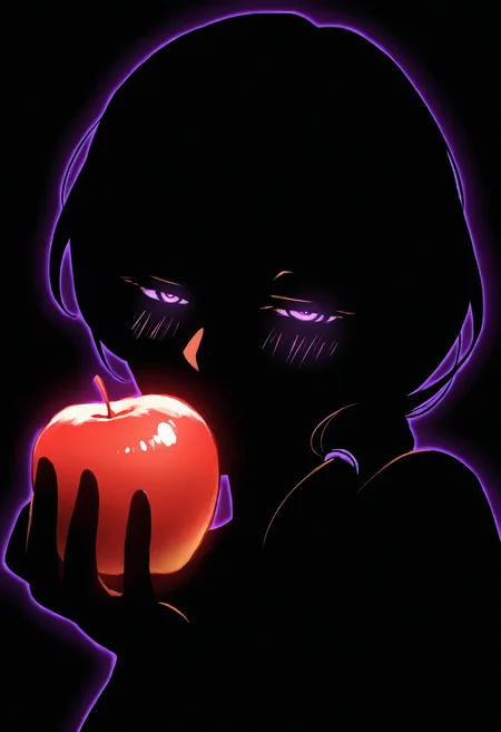 1girl, solo, mature female, looking at viewer, half-closed eyes, purple eyes, blush, monochrome, silhouette, glowing outline, blending, portrait, three-quarter view, holding, red apple, kissing apple, low side ponytail, hair over shoulder, purple outline, black background, upper body, masterpiece, best quality, very aesthetic