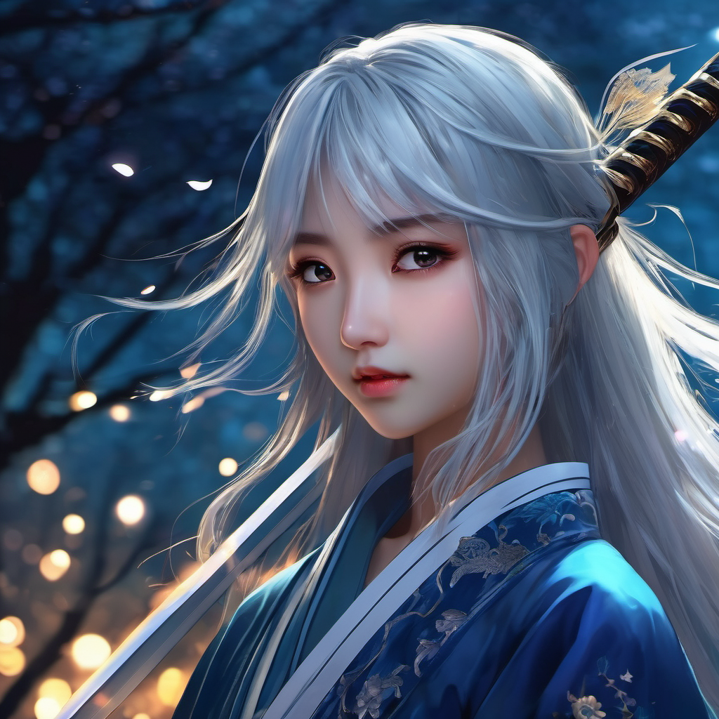 (masterpiece,best quality:1.5), ,asian girl with white hair,12 years old, straight hair, blue clothes, holding a sword, in the style of dark azure and light azure, mixes realistic and fantastical elements, vibrant manga, uhd image, glassy translucence, vibrant illustrations, ultra realistic, long hair, straight hair, portrait, mysterious forest, firefly, bokeh, mysterious, night, sky, cloud, eyes detail, beautiful eyes, light in eyes,hanfu,