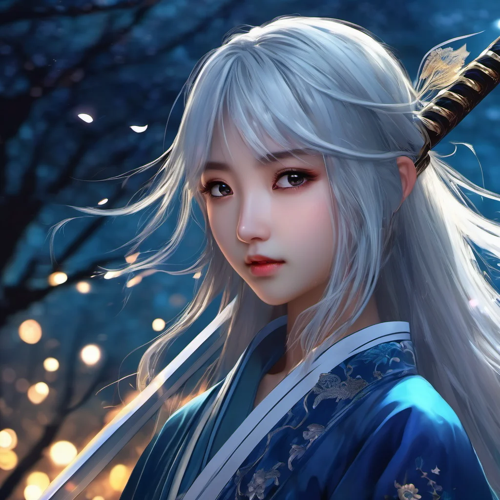 (masterpiece,best quality:1.5), ,asian girl with white hair,12 years old, straight hair, blue clothes, holding a sword, in the style of dark azure and light azure, mixes realistic and fantastical elements, vibrant manga, uhd image, glassy translucence, vibrant illustrations, ultra realistic, long hair, straight hair, portrait, mysterious forest, firefly, bokeh, mysterious, night, sky, cloud, eyes detail, beautiful eyes, light in eyes,hanfu,