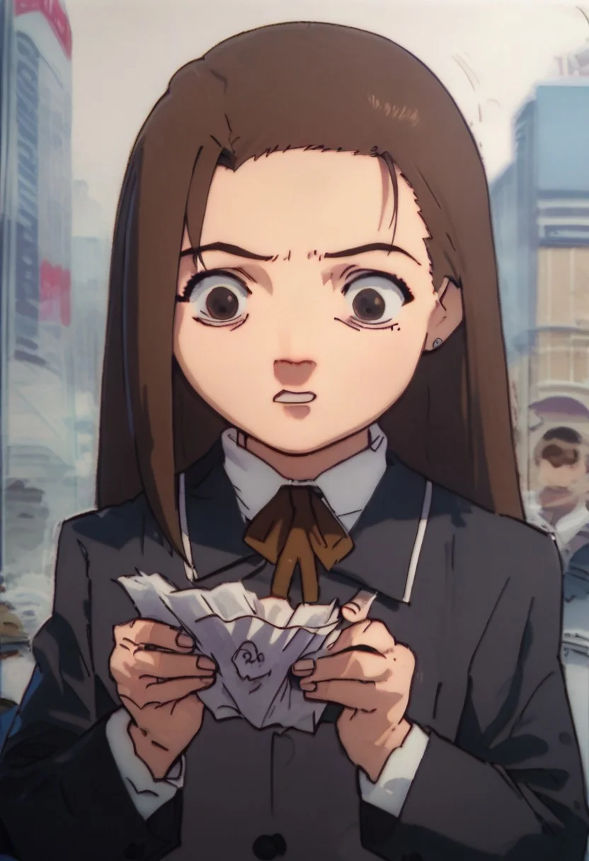 score_9, score_8_up, score_7_up, score_6, source_anime, iwakura mika, school uniform, chibi, holding tissue, looking at tissue, reading tissue, surprised, shibuya street background