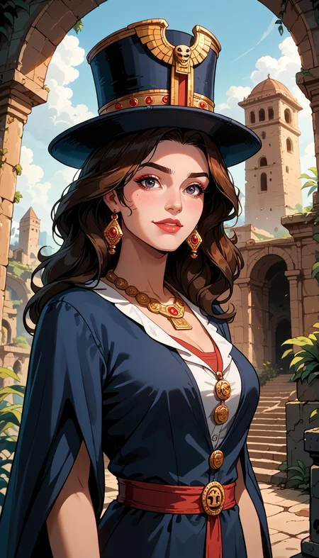 score_9, score_8_up, score_7_up, Western Comics, Portrait, Wizardess, enchanting, cute, seductive, innocent, light smile:0.3, plump lips, slender body, stands majestically, ancient ruins, wearing flowing Wizards robes, pointed hat, depth of field, dynamic angle, fashion photography, sharp, hyperdetailed:1.15