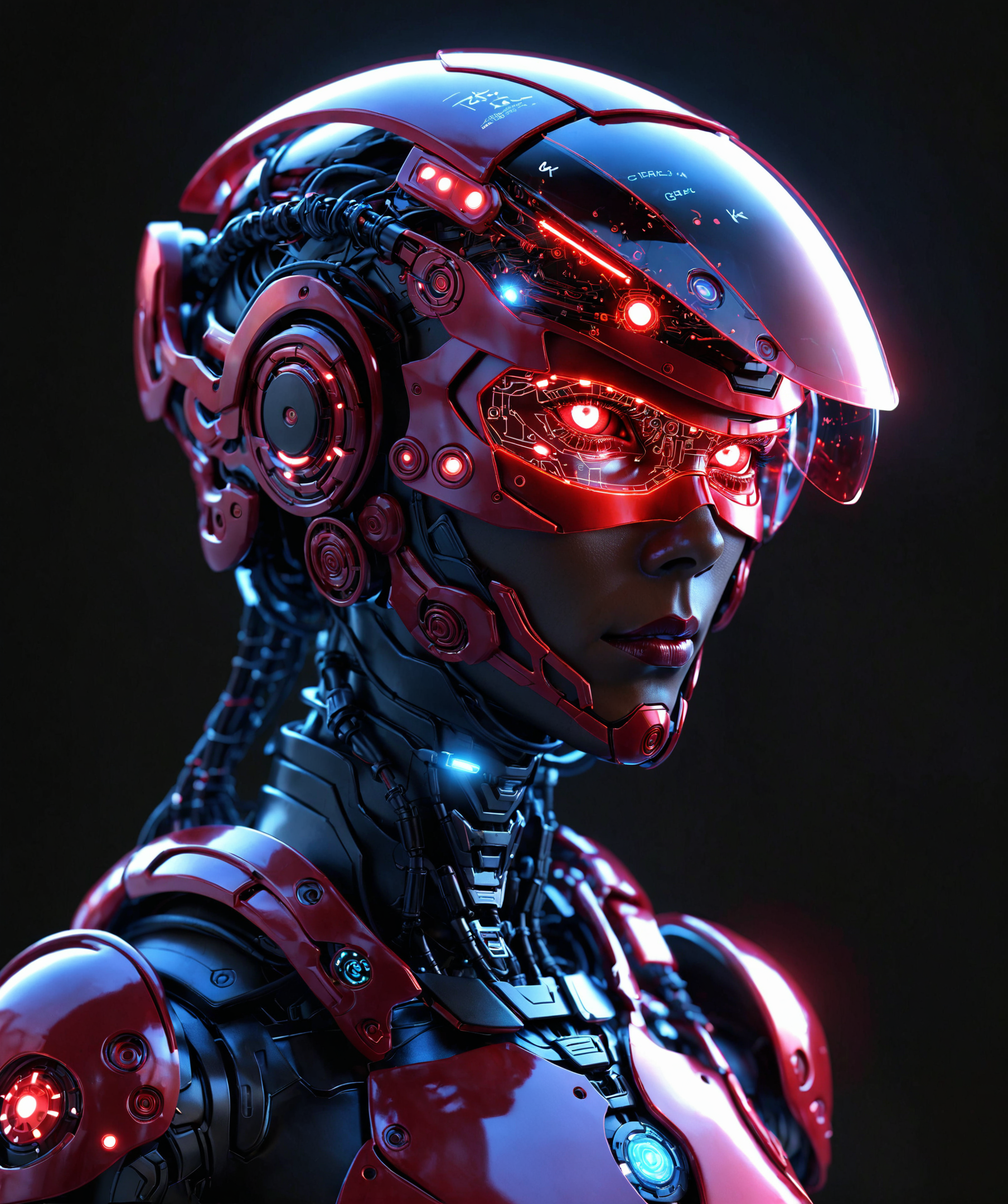 cybrk, a sparkling red glowing cyborg head wearing a digital visor, highly detailed, many details, exciting <lora:cybrk-knight:1>