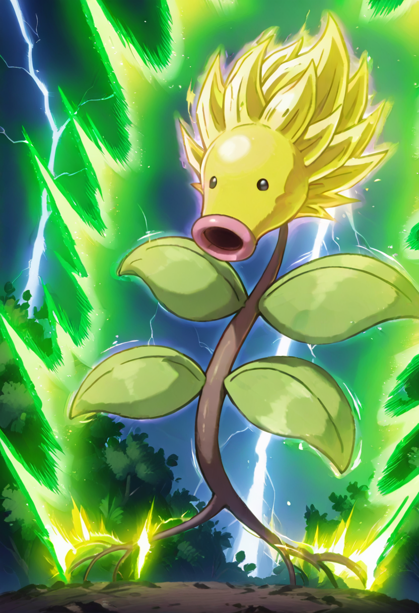 masterpiece, best quality, no humans,   ,<lora:BellsproutPokedex_IXL:1.0>,   zzBellsprout,  super saiyan, spiky hair,      vivid aura, energy, lightning, <lora:DBSBroly_Style_IXL_v2:0.6>,