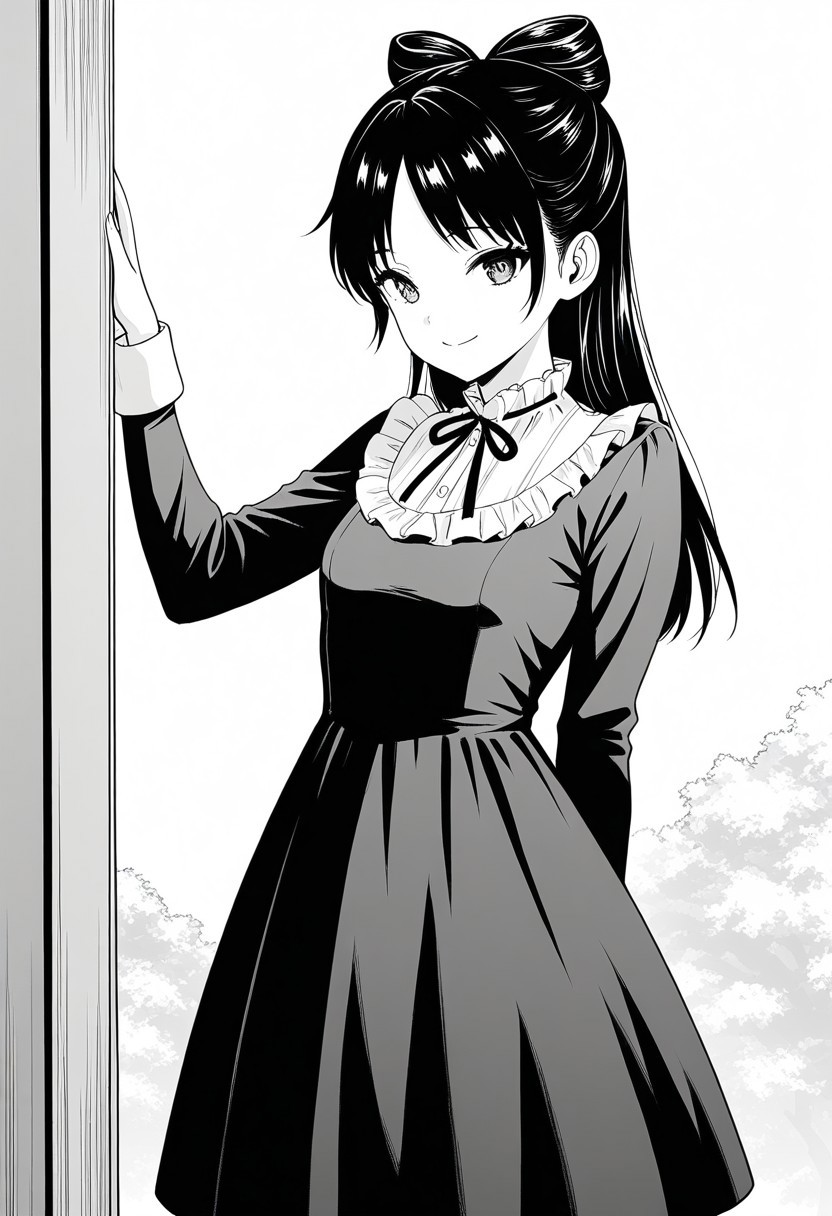 (absurdres, best quality, masterpiece:1.4), amazing quality, highres, newest, detailed, detailed body, detailed face, beautiful, petite,  monochrome, greyscale,
BREAK
WWNemu, 1girl, solo, standing, smile, NemuMang, manga illustration, bow-shaped hair, parted bangs, half updo, dress, frill collar, neck ribbon