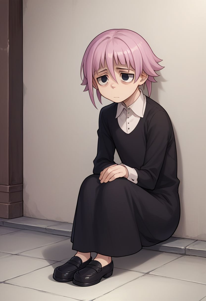 score_9, score_8_up, score_7_up, source_anime, highly detailed, 
crona, 1boy, solo, black eyes, short hair, pink hair, bags under eyes, hair between eyes,
long sleeves, white shirt, collared shirt, dress, black dress, shoes, shaded face, depressed
indoor, sit,