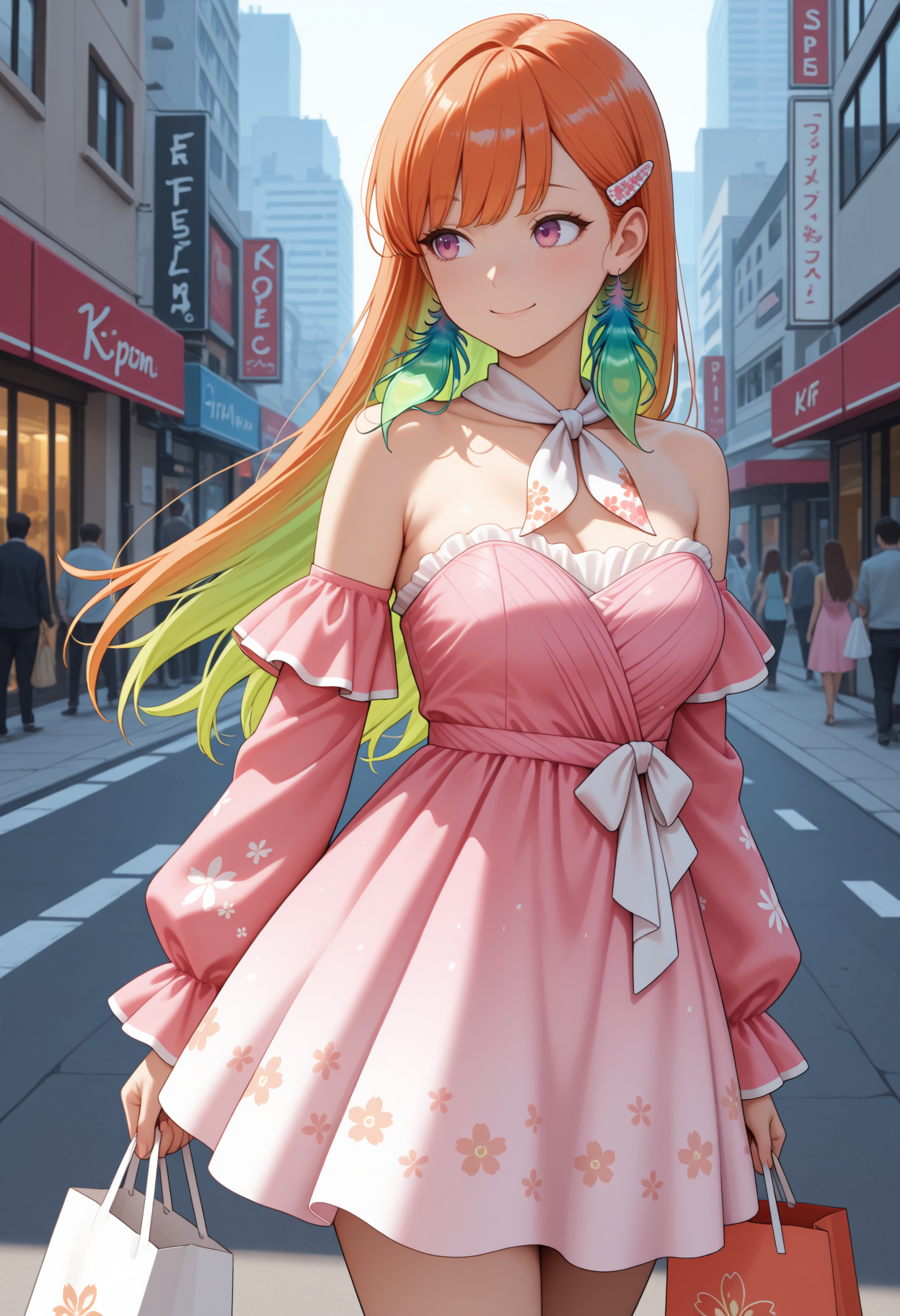 masterpiece, best quality, 1girl, solo, K1araPrfm, purple eyes, multicolored hair, orange hair, green hair, long hair, straight hair, feather earrings, hairclip, white neckerchief, strapless dress, detached sleeves, pink sleeves, pink dress, gradient dress, white dress, floral print, outdoors, street, city, holding shopping bag, looking to the side, smile, <lora:ChamTakanashiKiaraNoob:1>