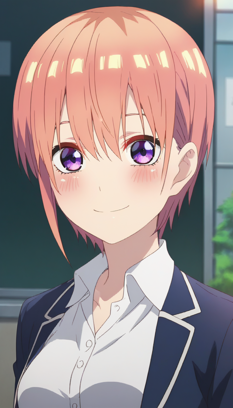 score_9,score_8_up,score_7_up,score_6_up BREAK official art,solo,outdoors,upper body,(portrait:1.5),looking at viewer,facing viewer,smile,blush,nakano ichika,short hair,pink hair,shiny hair,eyebrows hidden by hair,hair between eyes,bangs,purple eyes,school uniform,blue jacket,blazer,wing collar,open jacket,white shirt,collared shirt,dress shirt,long sleeves,medium breasts,green skirt,pleated skirt,black socks,loafers,<lora:Nakano Ichika(tqq)-Pony:1.6>,