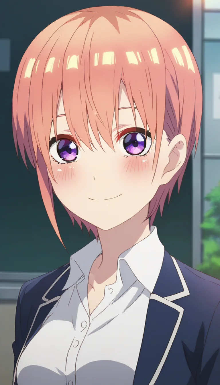 score_9,score_8_up,score_7_up,score_6_up BREAK official art,solo,outdoors,upper body,(portrait:1.5),looking at viewer,facing viewer,smile,blush,nakano ichika,short hair,pink hair,shiny hair,eyebrows hidden by hair,hair between eyes,bangs,purple eyes,school uniform,blue jacket,blazer,wing collar,open jacket,white shirt,collared shirt,dress shirt,long sleeves,medium breasts,green skirt,pleated skirt,black socks,loafers,<lora:Nakano Ichika(tqq)-Pony:1.6>,