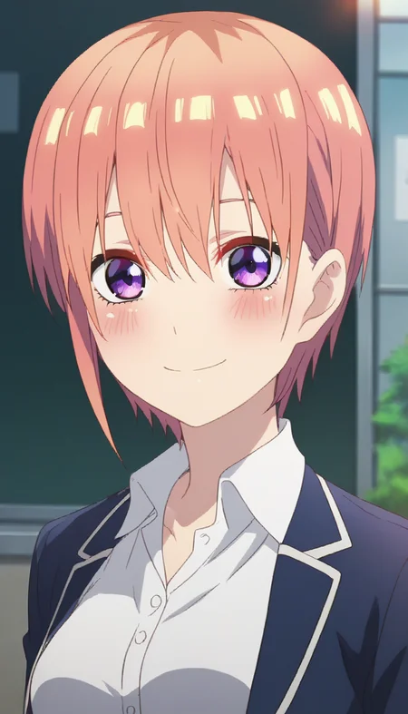 score_9,score_8_up,score_7_up,score_6_up BREAK official art,solo,outdoors,upper body,(portrait:1.5),looking at viewer,facing viewer,smile,blush,nakano ichika,short hair,pink hair,shiny hair,eyebrows hidden by hair,hair between eyes,bangs,purple eyes,school uniform,blue jacket,blazer,wing collar,open jacket,white shirt,collared shirt,dress shirt,long sleeves,medium breasts,green skirt,pleated skirt,black socks,loafers,<lora:Nakano Ichika(tqq)-Pony:1.6>,