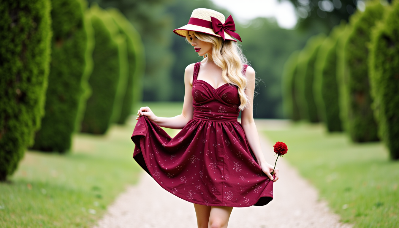 L1ng3r133.B0ud01R. From Bellow focus on pussy. The image is a high-resolution photograph capturing a young woman, standing outdoors in a lush, well-manicured garden. She is dressed in a charming, knee-length, maroon dress adorned with a subtle floral pattern. The dress features a sweetheart neckline, ruffled skirt, and delicate, ruched sleeves. She wears a wide-brimmed, straw hat with a large red bow, adding a touch of elegance to her attire.She lift her skirt so much it is (exposing her pussy, vulva, vagina:1.3) . The woman's long, wavy blonde hair cascades down her back, and she has a serene, slightly pensive expression.
She stands on a gravel path, holding a small, delicate red flower in her right hand.