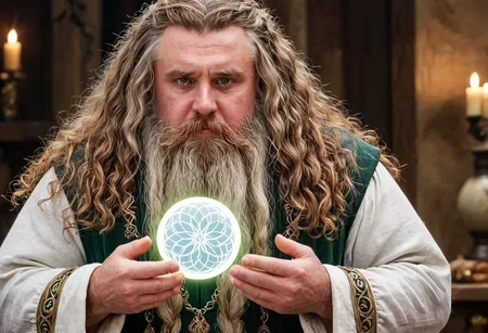 8k portrait photo of a young wizard staring at a huge glowing white magical orb the size of a football floating between his hands, wearing platinum jewelry with diamonds and colorful gemstones, huge braided brown beard, long wavy brown hair, BREAK rich medieval green and white robes, BREAK bushy eyebrows, male focus, bara, daddybear, obese, musclebound, serene, holy, solo, -hyperrealistic, wizard's workshop, ancient tomes, shelf with scrolls, <lora:Big_Braided_Beards:1> <lora:Dynamic Poses:1>