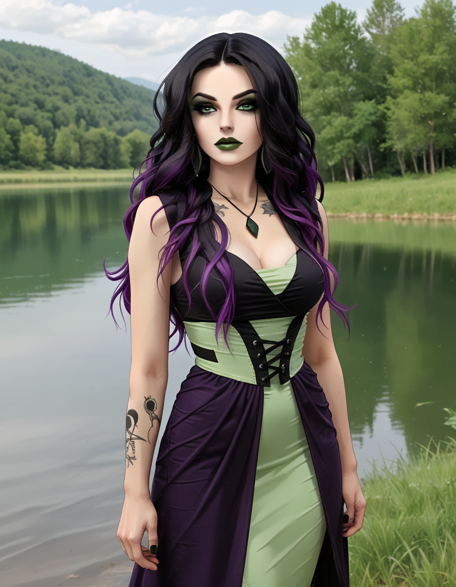 hud_prplw1g2, 1girl, solo, shego, tattoo, long wavy purple multicolored hair, makeup, lipstick, dress <lora:prplhair:1>, outdoors, lake,