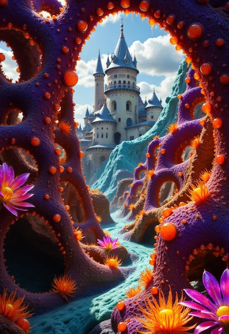 High-resolution realistic photograph of alienplants botanical garden, french renaissance castle in background, fiery orange, deep purple, mint, amber, pulsating