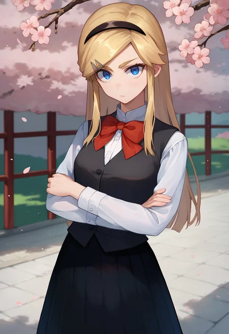 score_9, score_8_up, score_7_up, 1girl, Kojikira, blonde hair, long hair, blue eyes, hairband, hairpin, red bowtie, black vest, white shirt, black skirt, crossed arms, looking at viewer, cherry blossoms, <lora:Akira-000008:1>