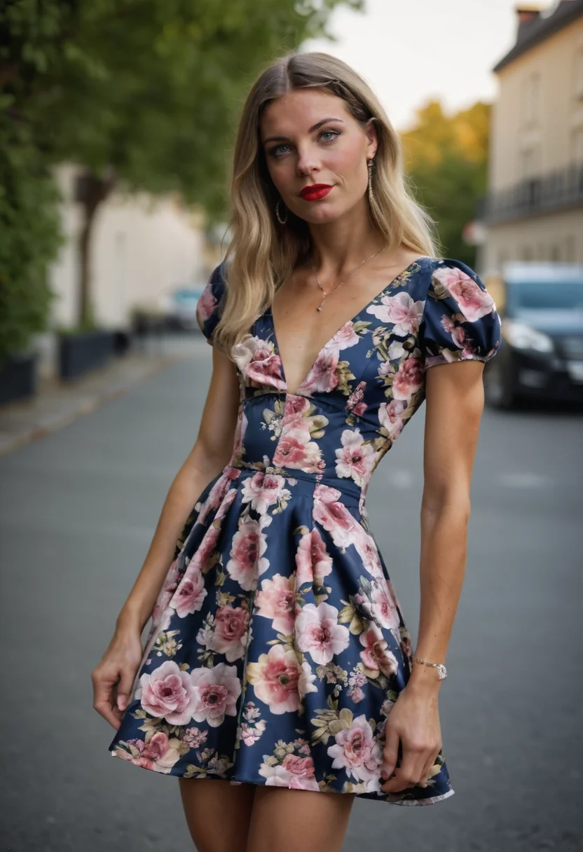 source_realistic photograph, (full body photo), a 24yo femboy, pectoral, toned, ((flat chest)), wearing a floral dress by chi chi london, short sleeves, heels,  at wedding party, <lora:slimwoman:0.8> slimwoman