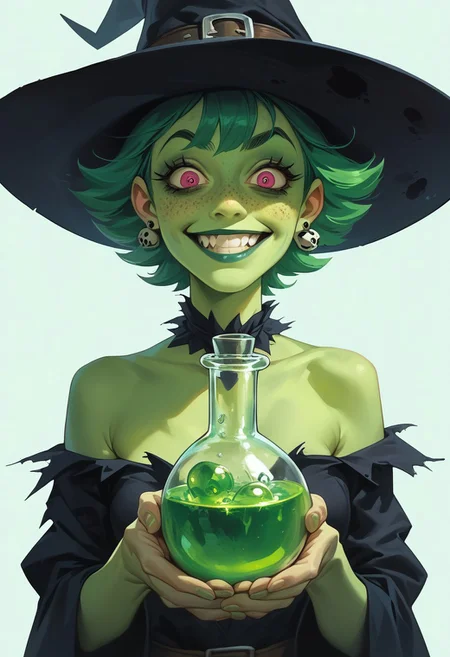 score_9, score_8_up, score_7_up, score_6_up, score_5_up, score_4_up, cuddly witch: a witch with greenish skin and a crooked hop, crazy expression, holding a steaming vial to prepare a witch potion, in a spooky laboratory surrounded by vials and cobwebs, with big round eyes make him irresistibly cute, inspired by the whimsical style of Tim Burton, rendered in a dark and melancholic atmosphere, with a touch of playfulness