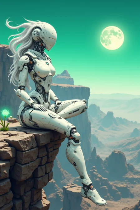 VintageSketch style, YFG-Zaat, An android woman with flowing silver hair and a porcelain mask sits cross-legged on the edge of a cliff, overlooking a desolate alien planet. Her minimalist white attire, accented with glowing silver circuitry, blends seamlessly with the landscape. The binary sunset, a harmonious blend of emerald green and sapphire blue, bathes the scene in a soft, ethereal light. A single, bioluminescent flower grows at her feet, a vibrant splash of color against the barren landscape. Her posture suggests a deep connection to both the artificial and natural worlds, a silent guardian meditating on the delicate balance between them.