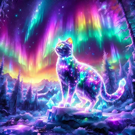 lazympos, morph-aurora, A platinum-tier cat with bioluminescent fur prowls through an aurora-lit crystal forest, prismatic light shards refract through ice formations, glowing celestial patterns dance across its obsidian collar, hyper-detailed fur texture with rainbow iridescence, 8k resolution.