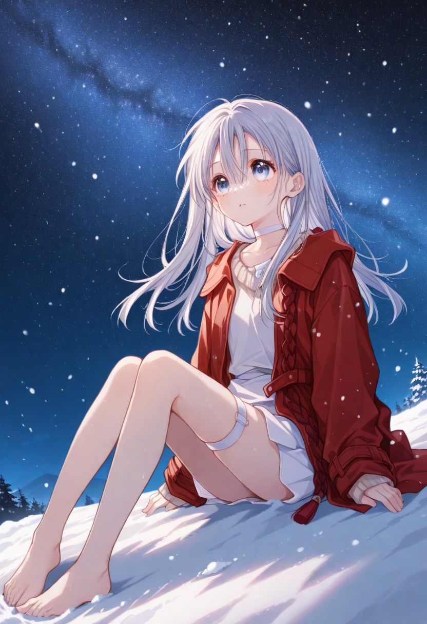 masterpiece, best quality, absurdres,masterpiece, best quality, very awa, absurdres,night sky background,stars,tanemura arina, falling stars,tanemura arina, snow, night sky, snowy,falling snow,snow flakes
BREAK 
,long hair,bangs,hair between eyes,white choker,red coat,open clothes,long sleeves,sleeves past wrists,white dress,sweater,white shirt,white skirt,thigh strap,barefoot,full body, skinny, slender, innocent, sitting, arms at sides,