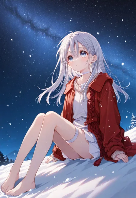 masterpiece, best quality, absurdres,masterpiece, best quality, very awa, absurdres,night sky background,stars,tanemura arina, falling stars,tanemura arina, snow, night sky, snowy,falling snow,snow flakes
BREAK 
,long hair,bangs,hair between eyes,white choker,red coat,open clothes,long sleeves,sleeves past wrists,white dress,sweater,white shirt,white skirt,thigh strap,barefoot,full body, skinny, slender, innocent, sitting, arms at sides,