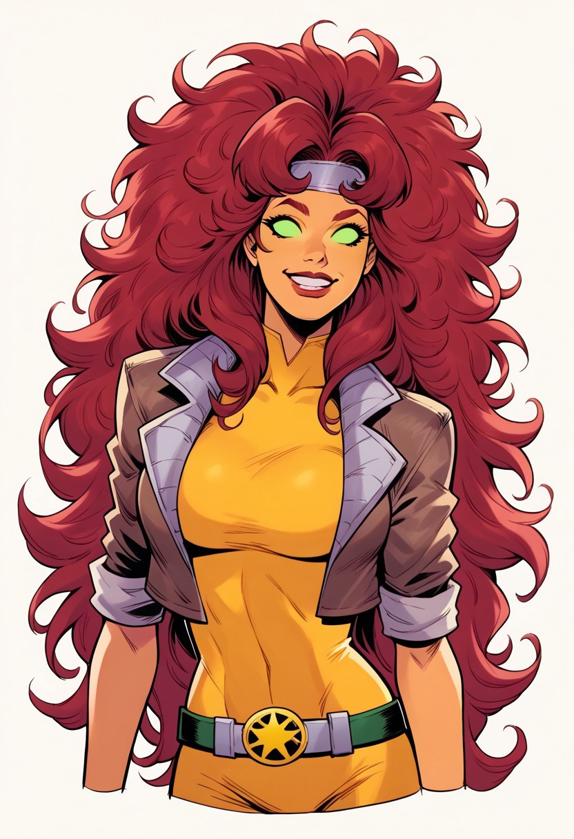 score_9, score_8_up, score_7_up, 1girl, solo, StarfireDG, DEFRogue, green eyes, no pupils, lipstick, red hair, two-tone hair, long hair, white bangs, dyed bangs, messy hair, headband, big breasts, cropped jacket, brown jacket, yellow bodysuit, long bodysuit, yellow gloves, belt, yellow boots,  full clothed, happy, smile, <lora:Starfire_PonyXL:0.8> <lora:r0gue:0.9>