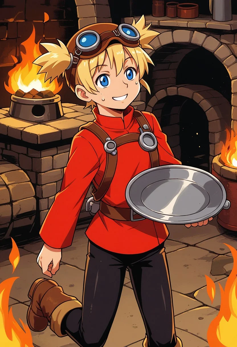 score_9, score_7_up, source_anime, BREAK solo, <lora:Pratty_XL:1> Pratty, blue eyes, short hair, light blonde, short twintails, hair through headwear, goggles, brown headwear, red shirt, short over long sleeves, black long sleeves, red skirt, black pantyhose, leather breastplate, brown footwear, smile, sweat, smith, furnace, smithing, crafting, fire, river, mill