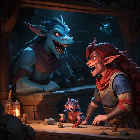 High resolution AK Fujifilm photograph professionally staged and lit <lora:Fantasy_ClassesXL:1> <lora:Fantasy:0.8> <lora:Fantasy_Races_XL:1> a large red tiefling yelling at a timid blue dragonborn as a goblin makes faces at a firbolg, water genasi is dancing with a halfling, as a shifter attends the counter in the tavern