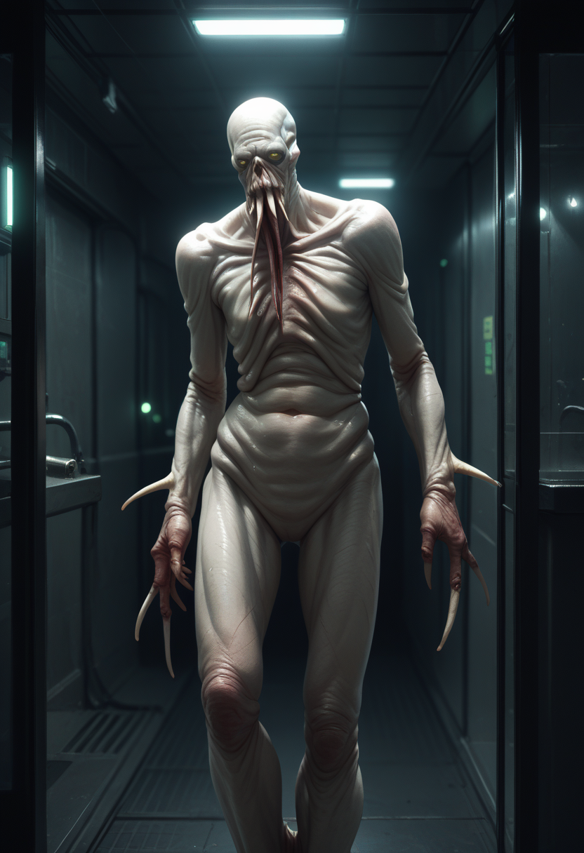 score_9, score_8_up, score_7_up, best quality, masterpiece, source_anime, zPDXL3, BREAK night,  <lora:ooseRE:1> monster, reooze, solo,  futuristic research facility, dim lights, dark interior, cold colors, green lights , interfaces , pipes,