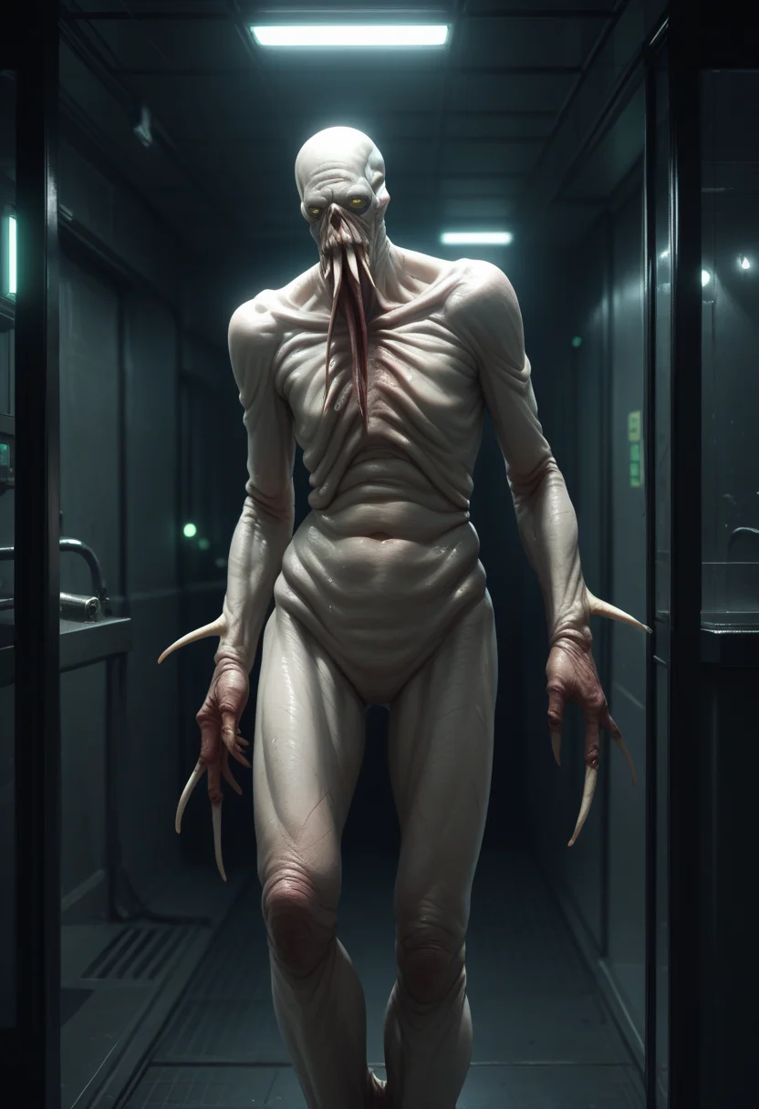 score_9, score_8_up, score_7_up, best quality, masterpiece, source_anime, zPDXL3, BREAK night, <lora:ooseRE:1> monster, reooze, solo, futuristic research facility, dim lights, dark interior, cold colors, green lights , interfaces , pipes,