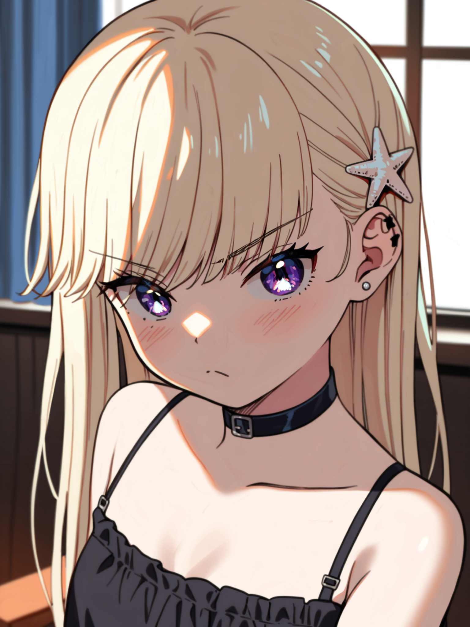 <lora:happy_tentacle-sekiyuina-v0.1-000010:1>, ht_sekiyuina, star hair ornament, purple eyes, blonde hair , disgusted, indoors, goth fashion, black clothes, eyeliner, layered clothes, choker upper body, 1girl, (petite:1.2), solo focus, (looking at viewer:1.1), , (depth of field:0.6), , <lora:Shed_The_Skin's StS_age_slider_v1_initial_release:-1.1>, score_9, score_8_up, score_7_up, score_6_up, score_5_up, score_4_up