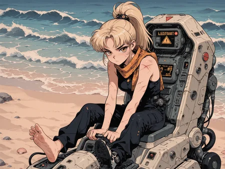 masterpiece,best quality,amazing quality, illustration, lineart, sharp lines, bold lines, thick lines, clean lines, clean linework, soft colors, outlines, retro, vintage, solo, 
dark Aquamarine hues,    summer, heat, hot,    
1girl,   high_ponytail, braided_bangs,  blonde hair,   hazel eyes, tsurime, looking at viewer,           ,   claw marks, 
sitting, sitting on table,, :front view, dynamic view, , hunched posture, close up
   Brocade tiered scarf, mismatched footwear,   soles,   hair ornament,
silk     
skindentation, 
beach, sand, water, waves, scattered seashells, rocks,      Mech Cockpit, computer displays, complex control panels, joystick controls, glowing buttons, worn seat, mechanical levers, emergency warning lights, metal plating, overhead switches, viewport with battle damage, windows,  twisted grass,      
 <lora:feet_anime_il_v3:1> feet <lora:DetailedPerfect_hands_r1:1> <lora:StS-Illustrious-Detail-Slider-v1.0:1> <lora:cuteretro:0.6> asthtc2 <lora:Amberline1.0:0.2> cel-shading, illustration <lora:LineArt Grey [LoRA] - Illustrious-XL v0.1:0.2>  <lora:ponyv3_ill01_2_adamW:0.4> <lora:Beatrix_Potter_Style_illustrious:0.2> Bpstyle <lora:- iLL - the_edgy_mech_V3.0:0.4> Vintage, 1990s \(style\) <lora:Sinozick_style:0.3> Sinozick_illu, <lora:ck-shadow-circuit-IL:0.3> in the style of cksc