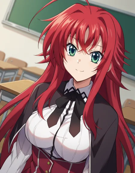 score_9, score_8_up, score_7_up, source_anime,
riasgremory, <lora:rias-gremory-ponyxl-lora-nochekaiser:1>,
rias gremory, huge ahoge, long hair, hair between eyes, green eyes, red hair, smile,
shirt, ribbon, school uniform, white shirt, black ribbon, neck ribbon, capelet, black capelet, long sleeves, skirt, red skirt,
indoors, classroom,
looking at viewer, dutch angle, cowboy shot,