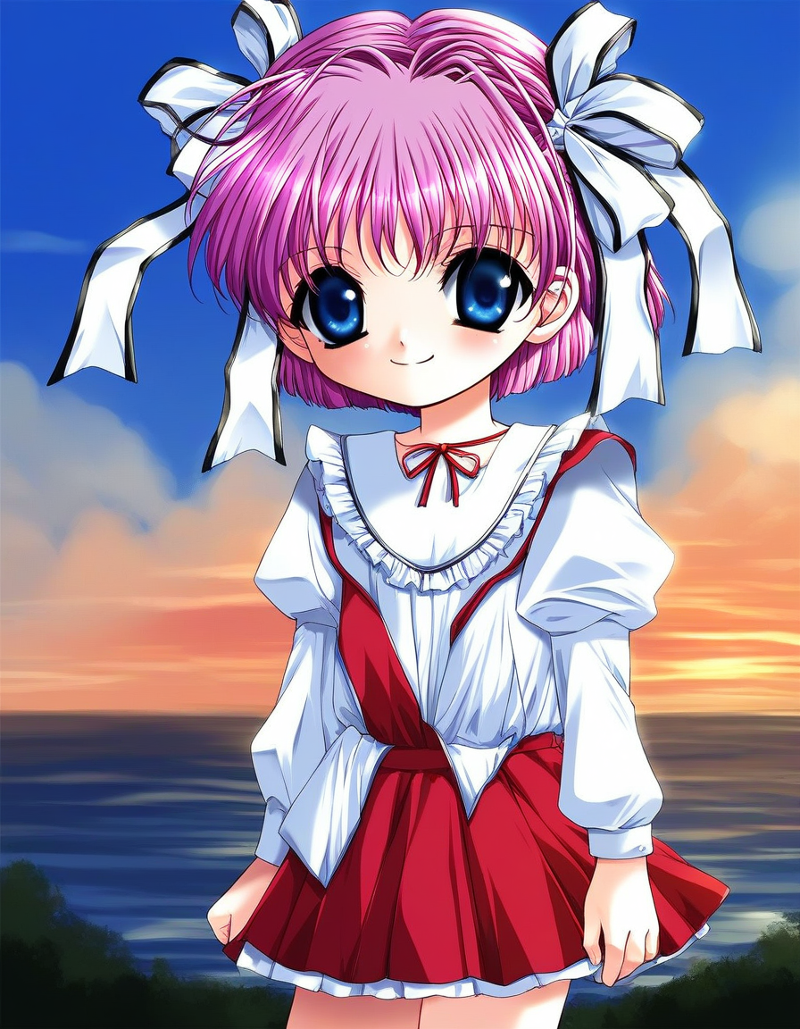 score_9, score_8_up, score_7_up, source_anime, rating_explicit, BREAK  <lora:Kago_Noa_Ver2.0_XL:1> KagoNoa, pink hair, purple hair, blue eyes, hair ribbon, white ribbon, short hair, otoko no ko,  flat chest, short stack,
1girl, solo, long sleeves, skirt, smile,
outdoor, sky,