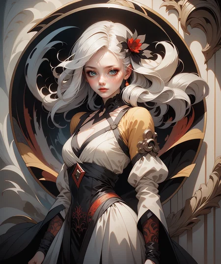 (masterpiece), (best quality), (vibrant light colors), intricate pattern, <lora:AnzhcDreamwave v3_1 watermark fix:0.5> anzhcdreamwave, aesthetic, canvas with red paint, 1girl, white hair, pale, creativity, white dress, hair ornament, dreamlike, (blurry background:1.1)