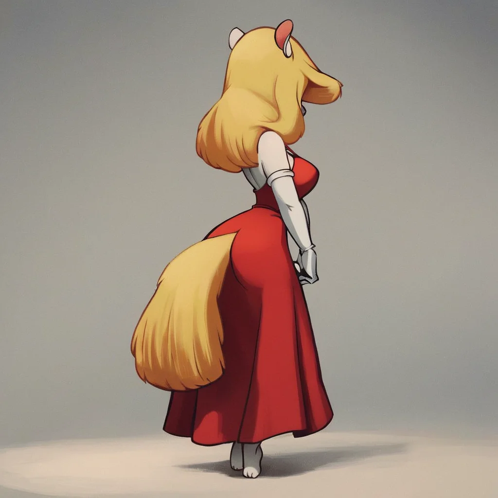 score_9, score_8_up, score_7_up, score_6_up, score_5_up, score_4_up, (Source furry), (rating safe), <lora:MinervaMinkXL:1>, minerva mink, 1girl, solo, long hair, breasts, simple background, gloves, white background, dress, animal ears, standing, blonde hair, tail, full body, ass, barefoot, white gloves, from behind, short dress, red dress, own hands together, flat color, furry, furry female, body fur, white fur