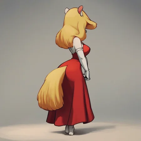 score_9, score_8_up, score_7_up, score_6_up, score_5_up, score_4_up, (Source furry), (rating safe), <lora:MinervaMinkXL:1>, minerva mink, 1girl, solo, long hair, breasts, simple background, gloves, white background, dress, animal ears, standing, blonde hair, tail, full body, ass, barefoot, white gloves, from behind, short dress, red dress, own hands together, flat color, furry, furry female, body fur, white fur