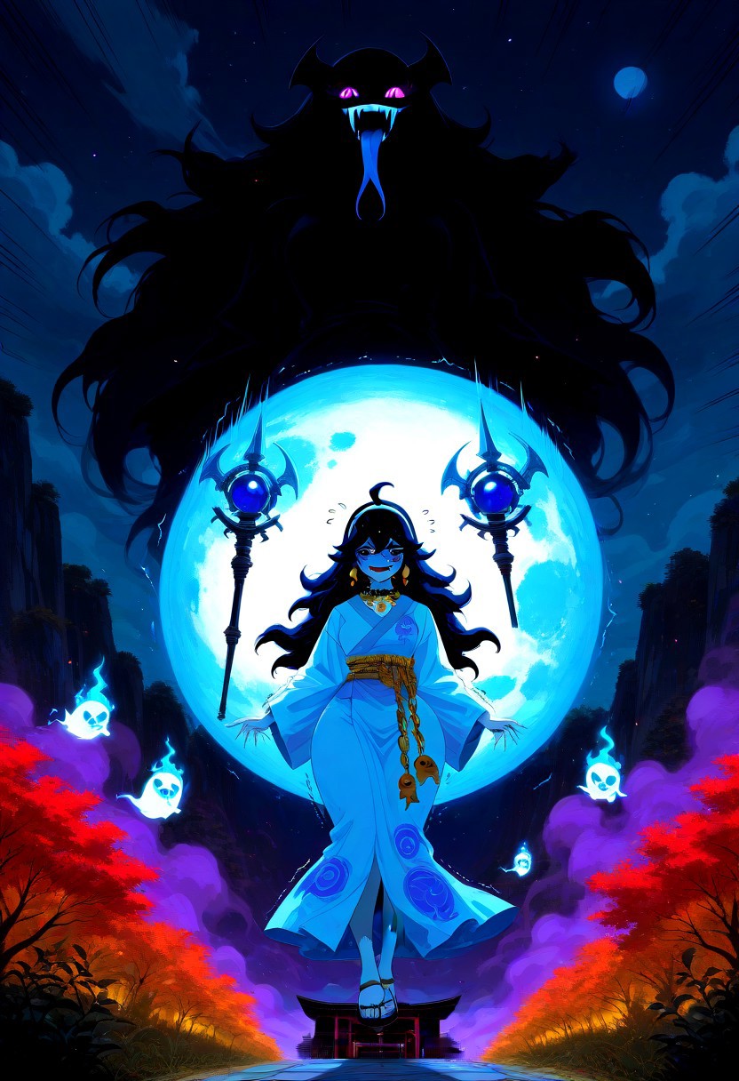 score_9,score_8_up,score_7_up,score_6_up,score_5_up,1girl, hex_maniac_(pokemon),pokemon,purple_eyes,(crazy_smile), curvy,(white_hairband),(fangs),long nails,(slit pupils),(glowing eyes),blue tongue,crystalized,black sclera,beautiful,ghost girl, source_anime,symmetrical,(rope belt),(white kimono),beaded necklace,(long sleeves),(long kimono),(white_skin),pokeball, (orb:1.6),(long_tongue),(earrings),(chain),bracalets,amulets, white sash,rope sash,holding pokeball,((jewelry)),arm tattoo, (tattoos),(gold snake ornament),sandals,(ghost:1.6),temple, (wide hips),(thick thighs),(tongue out),long fangs,(floating), (flying ghots:1.4),perfect hands,bag on waist,floating over a giant fossil,enchanter_girl,(holding metal staff),(crystal glow), outdoors,cliff,flying autumn leafs),village,(sharp edges),white forest,(impact signs,wooden_shrine,shards,flying geometric gem souls,spirits,garden,kanji print,floating crystal orb,moon, night,starry night,fullmoon,comet,cloud,(steam),portrait,high, (wide shot),dynamic_pose,white aura,dark aura,(hand_sign),(motion lines:1.4),(sweat:1.4),(trembling lines:1.4),illustration, (flying sweatdrops:1.4),,(thick_outlines),(smile),source_manga, (masterpiece),(best quality),newest,absurdres,(best shadows), light particles,highly detailed background,very detailed skin, amazing quality,(very detailed clothes),haunting,speed lines,(emphasis lines),very aesthetic,fantasy,dynamic_angle,messy hair,small breasts,DonMX3n0XL,eerie,stygical,gloomy,decay