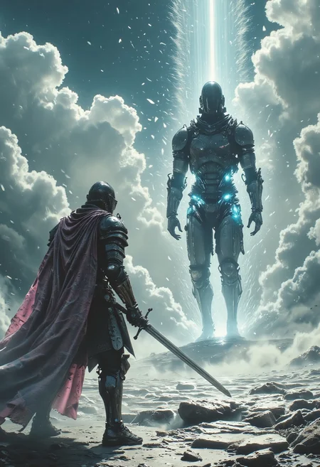 Bosstyle photo of an Elysium Robot Cyborg Samurai, standing on a crystalline battlefield beneath a kaleidoscopic sky fractured like shattered glass. Their cape shimmers with hues of pink and translucent grey, blending into the reflective surface of the ground. Opposing them is a ghostly figure, an ethereal wraith composed entirely of glowing shards, its form constantly breaking apart and reassembling. Streams of refracted light pierce through the battlefield, creating dynamic beams of iridescent colors. A chilling mist swirls around the samurai’s feet, while faint whispers echo in the air, heightening the eerie, high-budget cinematic atmosphere.