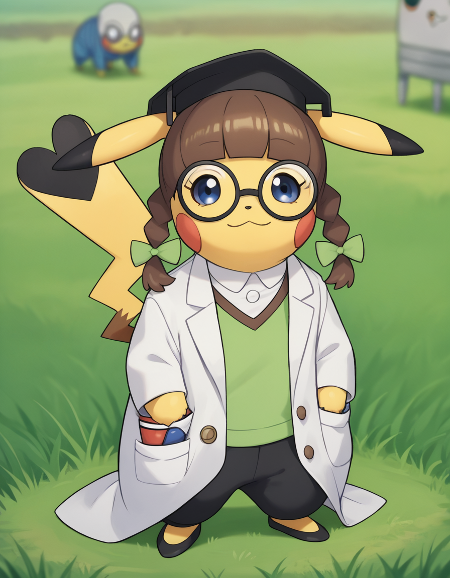 score_9, score_8_up, score_7_up, score_6_up, score_5_up, score_4_up, 1girl, solo, no humans,
clothed pokemon, furry, feral, light smile, looking at viewer, full body, Curious, Chin tilted up slightly, eyes wide open, and a slight smile.,
blurry background, grass, phdchu, lab coat, collared shirt, green sweater, brown hair, twintails, twin braids, black pants, black footwear, glasses, round eyewear, pocket, mortarboard, poke ball, coke-bottle glasses, <lora:Cosplaychu v3:0.8> cosplay pikachu, pokemon \(creature\), yellow hair, (curly bangs), blue eyes, eyelashes, (black-tipped tail)
