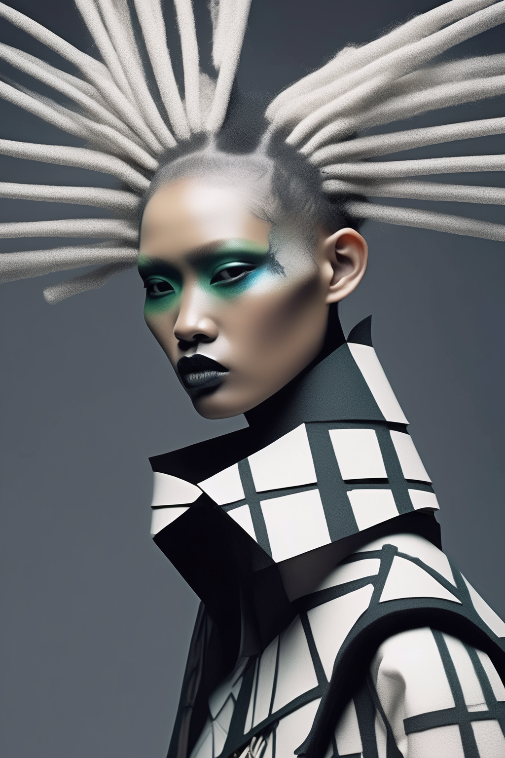 <lora:Avant-garde Fashion:1>Avant-garde Fashion - minimalism afrofuturism inspired by Asian streetwear, in the style of photobashing makeup, in the style of bold fashion photography, with subtle hints of Celtic war paint