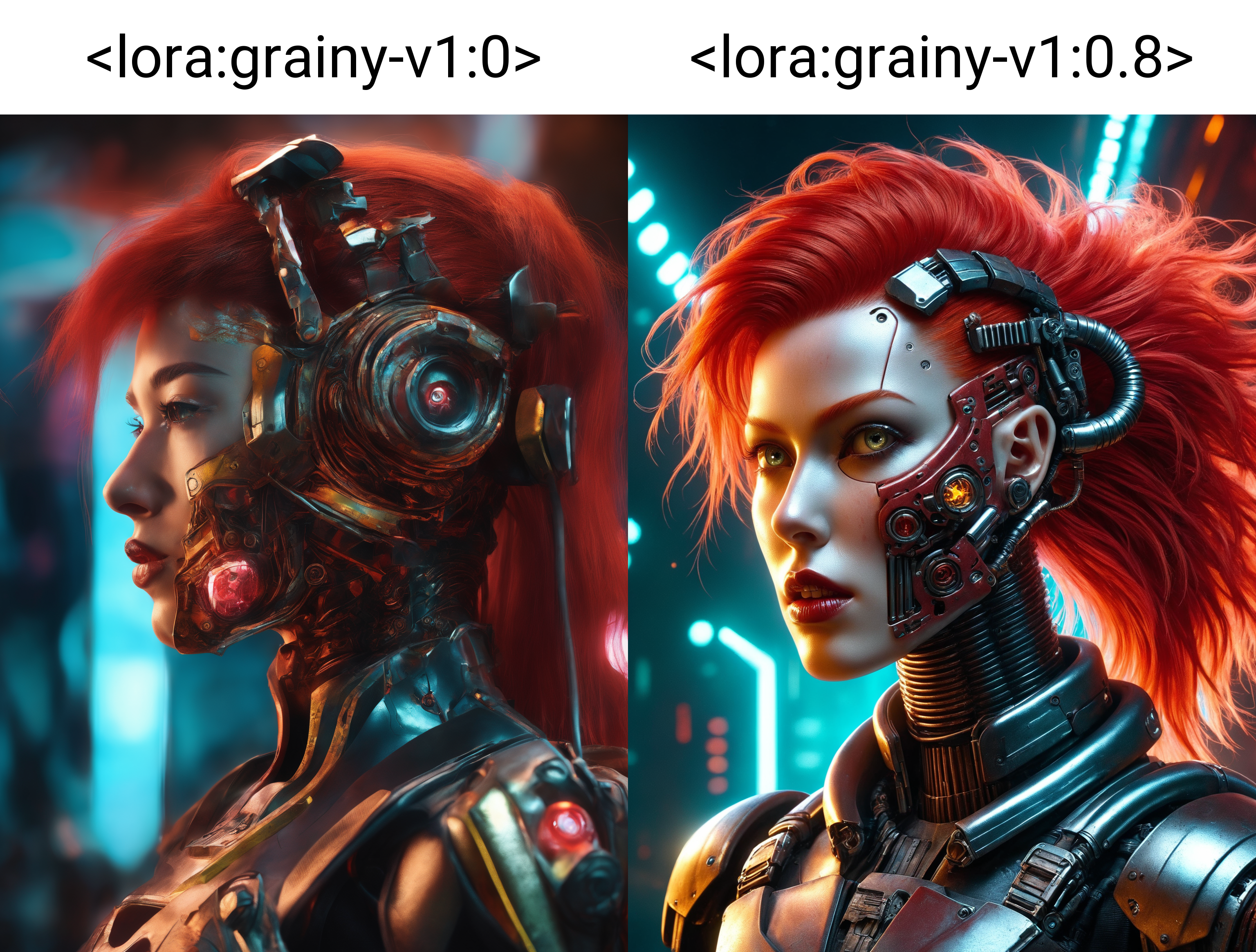 A stunning biomechanical cyberpunk masterpiece featuring a cybernetic red-haired female with an epoxy skull mask, glowing eyes, and war-glam armor inspired by Fanbingbing fashion. The photorealistic, highly detailed 8K artwork showcases a perfect fusion of organic and artificial elements in a dystopian, futuristic setting with dramatic lighting and rich colors. grainy textured photo
<lora:grainy-v1:0>